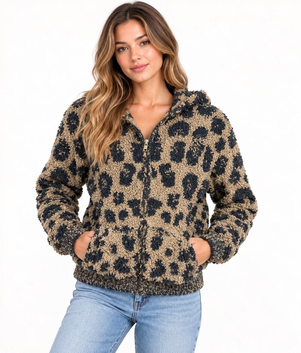 SKIMS Cozy Knit Leopard Zip Up Hoodie S/M Kim Kardashian Animal Print